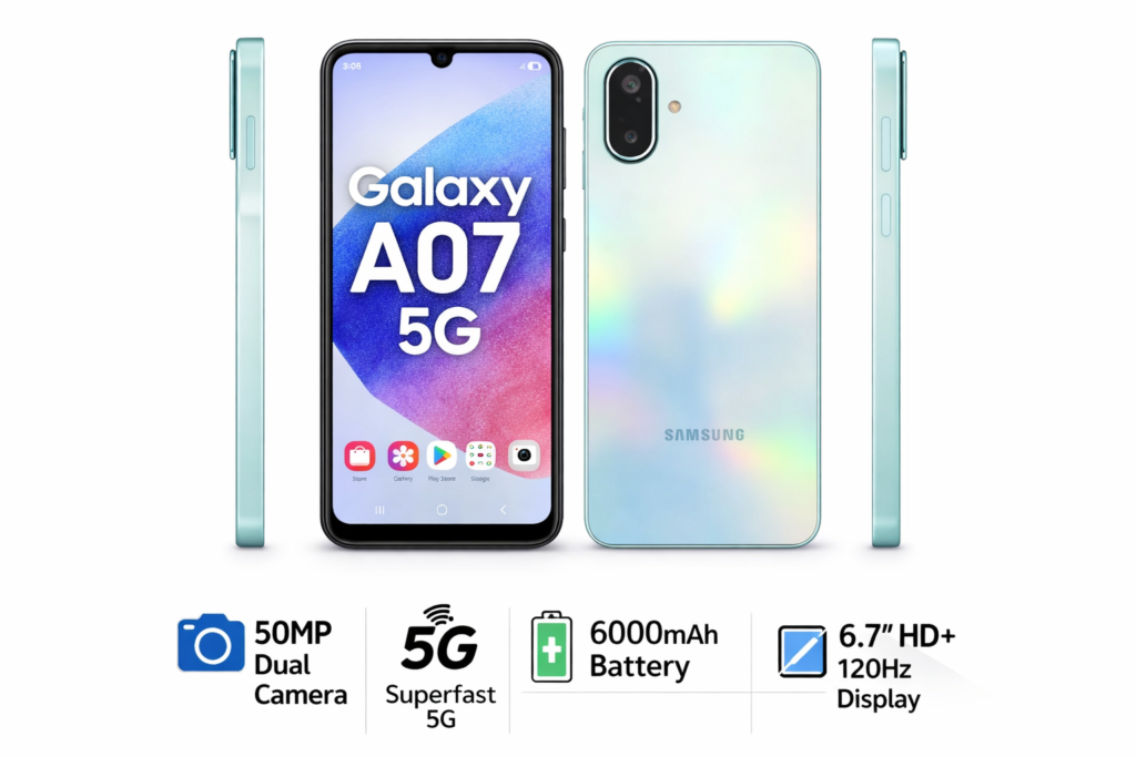 Samsung Galaxy A07 5G smartphone with 50MP camera and 6000mAh battery
